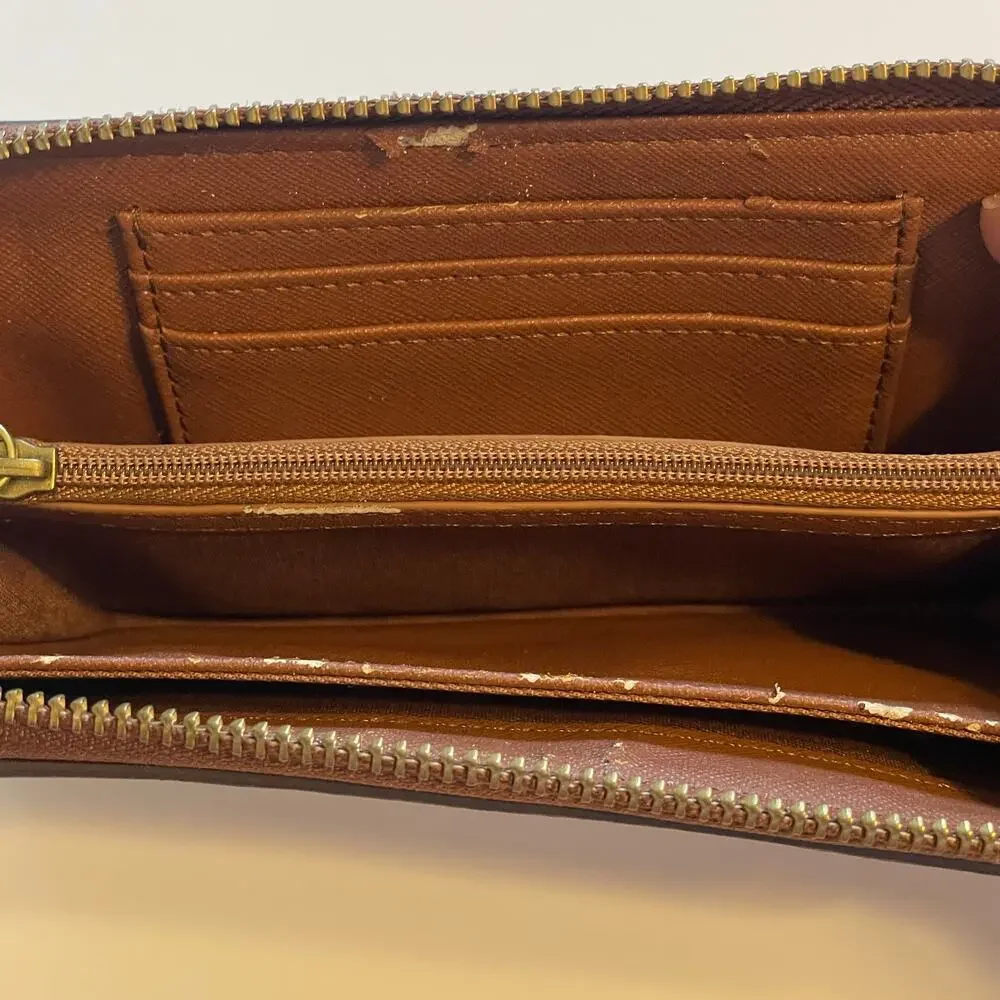 Fossil Leather Zip Around Wallet Womens Brown Card Holder Purse